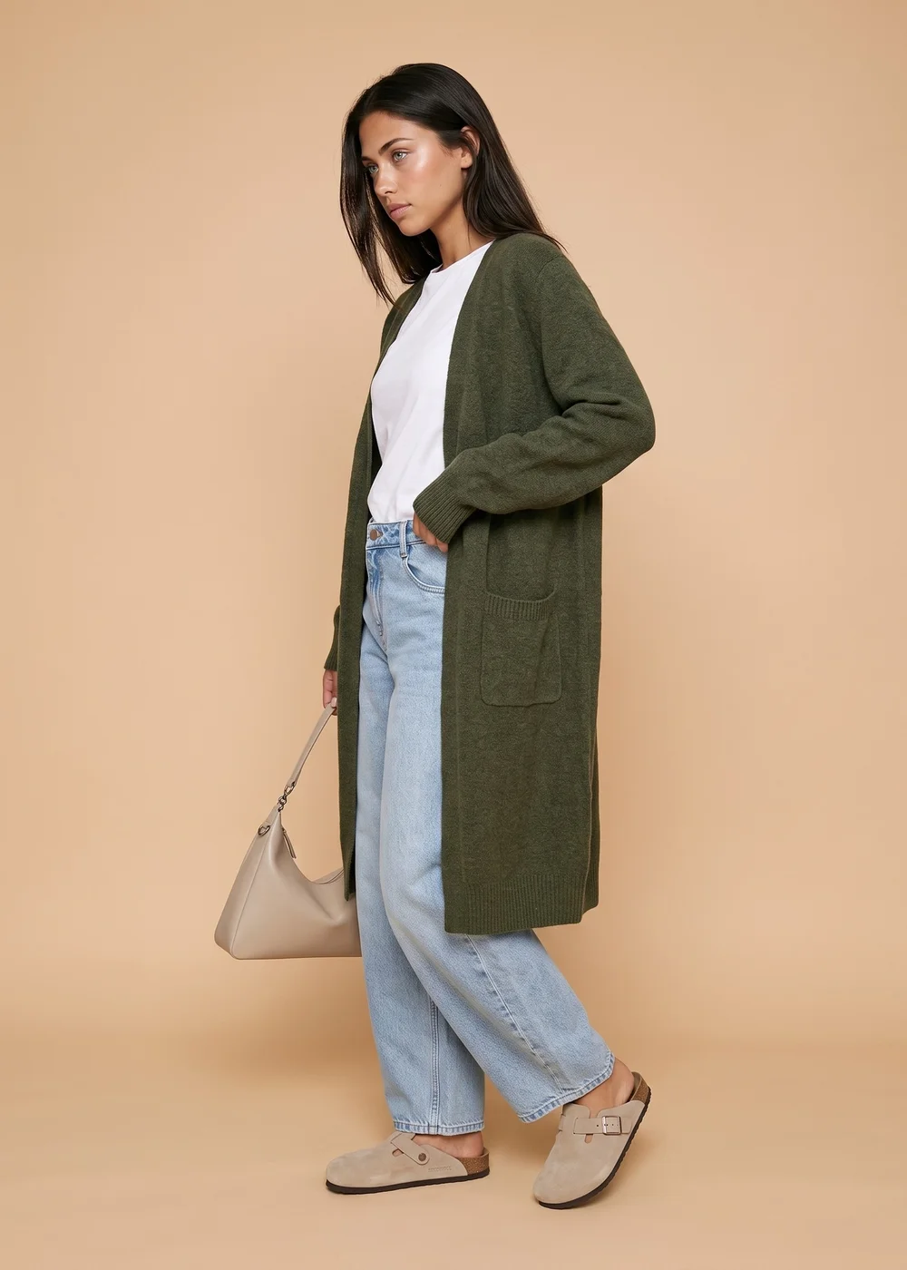 Urban Bliss Khaki Longline Patch Pocket Cardigan - M Image 2