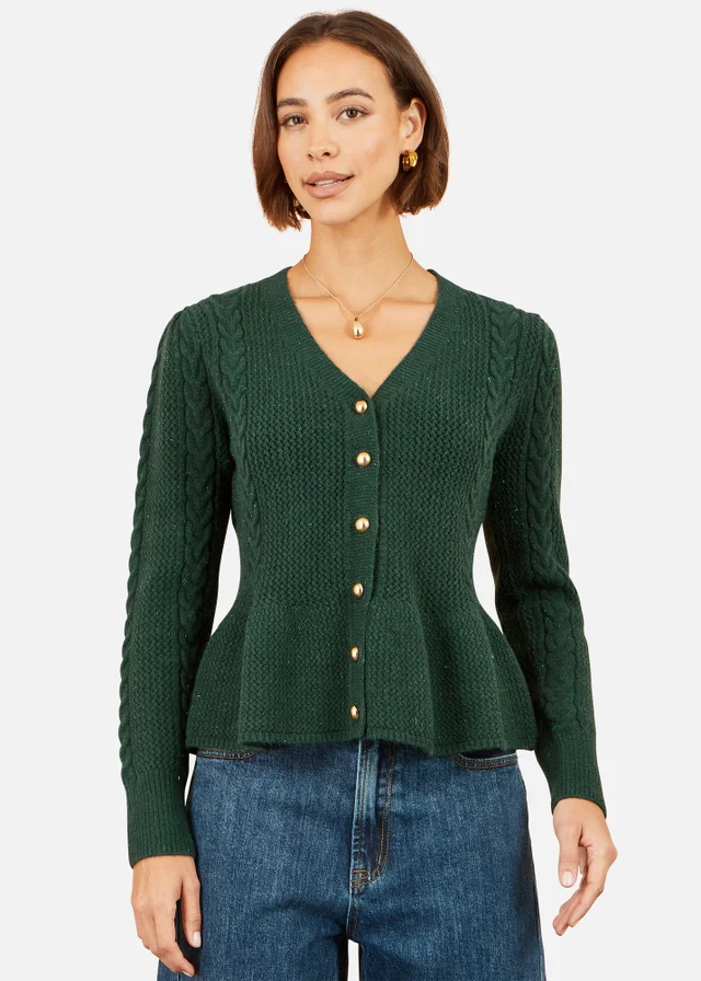 Yumi Green Cable Knit Peplum Cardigan