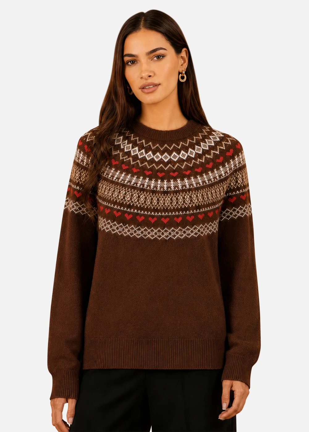 Yumi Brown Relaxed Fairisle Jumper - M Image 1