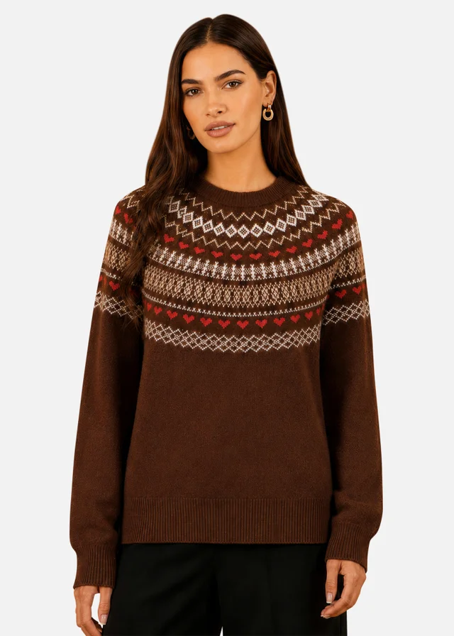 Yumi Brown Relaxed Fairisle Jumper