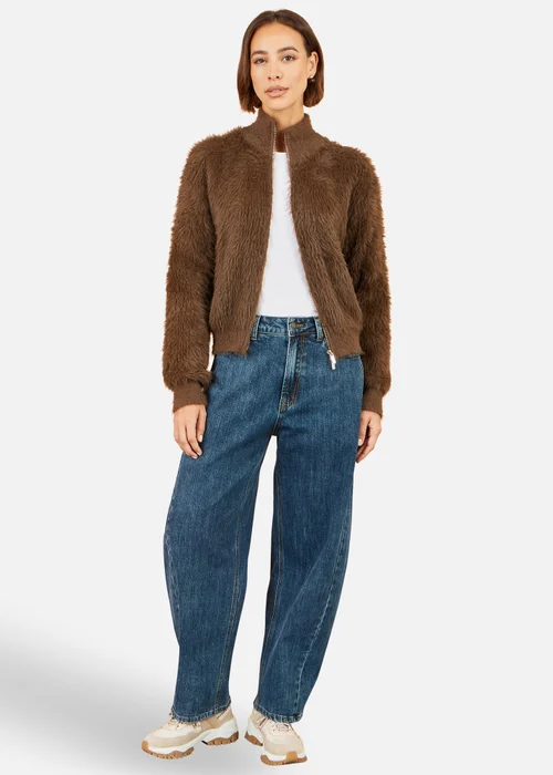 Yumi Brown Eyelash Zip Knitted Jacket - S Image 2