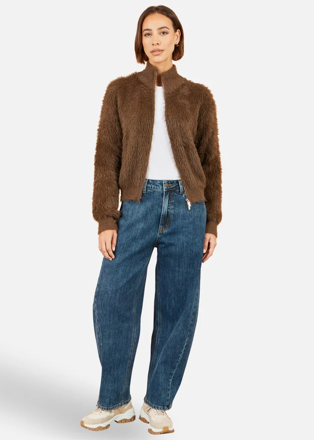 Yumi Brown Eyelash Zip Knitted Jacket