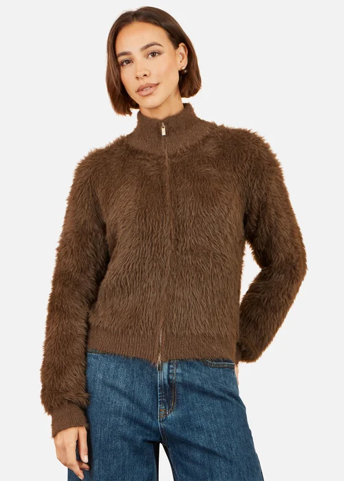 Yumi Brown Eyelash Zip Knitted Jacket - S Image 1