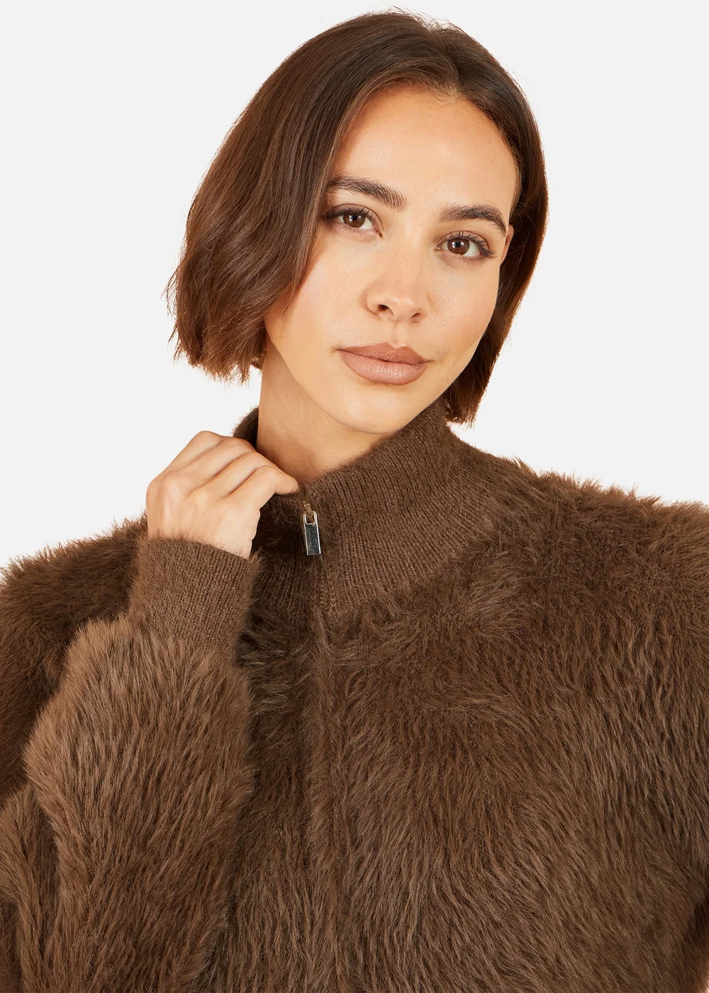 Yumi Brown Eyelash Zip Knitted Jacket - S Image 4