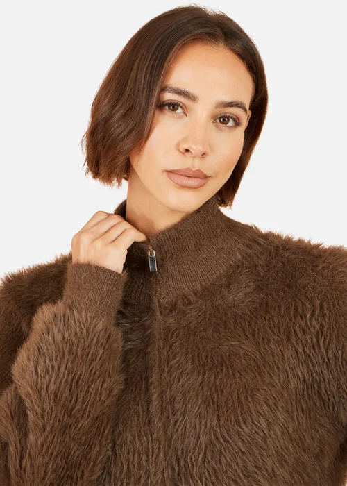 Yumi Brown Eyelash Zip Knitted Jacket - S Image 4