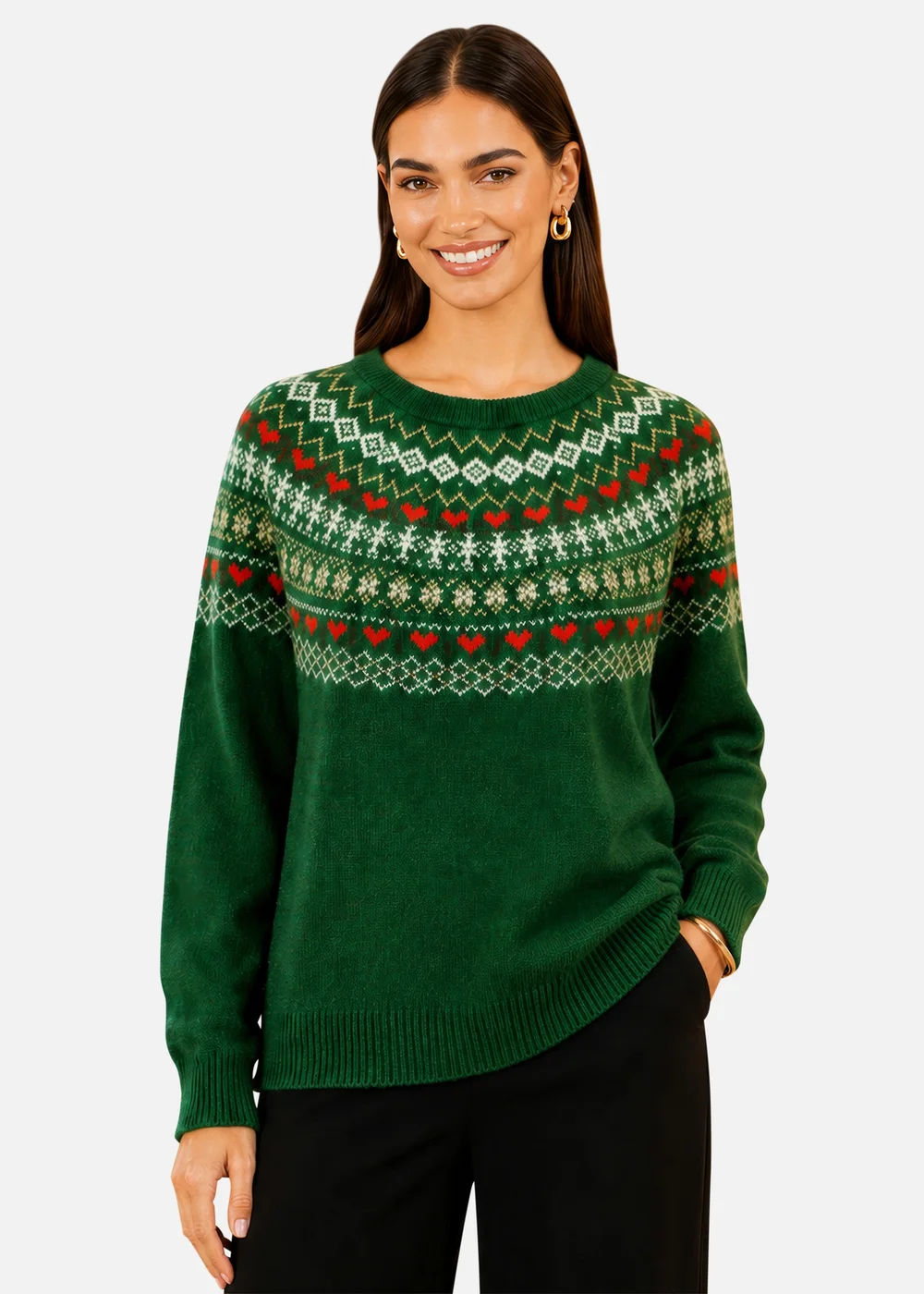 Yumi Green Relaxed Fairisle Jumper - L Image 1