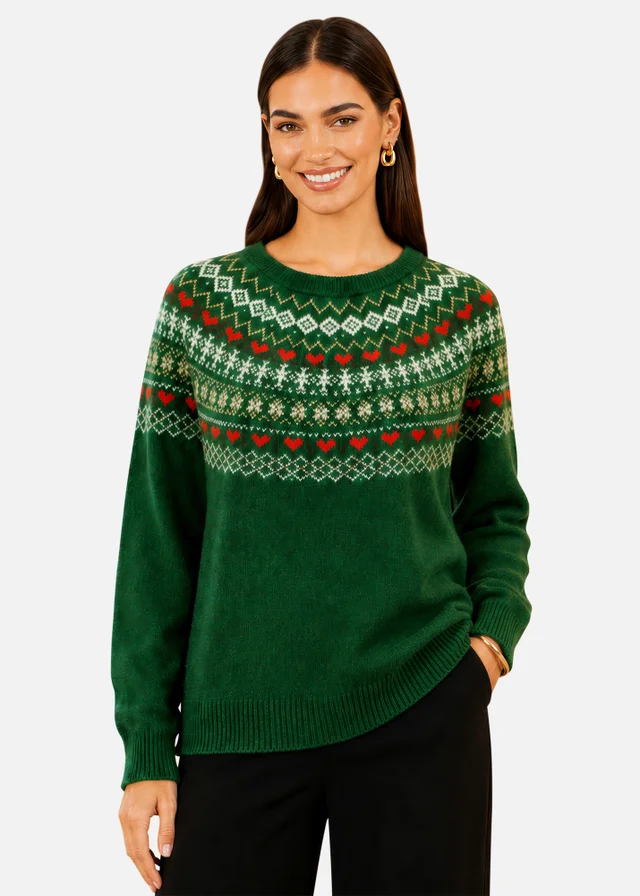 Yumi Green Relaxed Fairisle Jumper