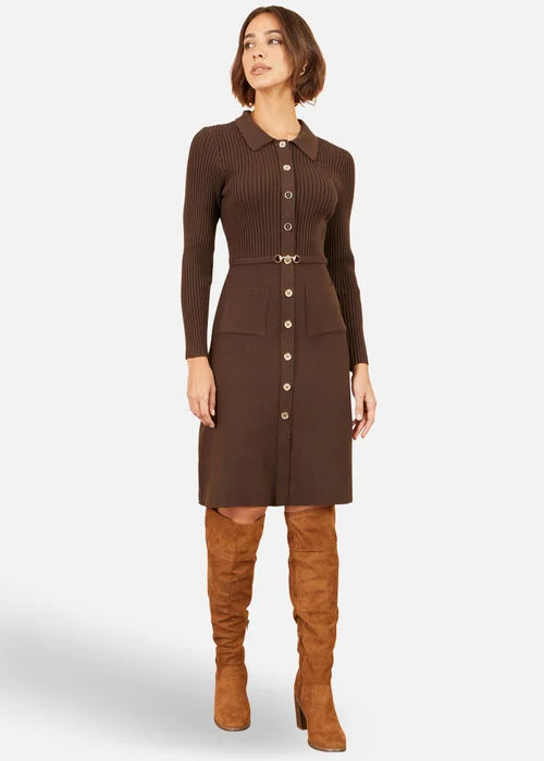 Yumi Brown Rib Knit Midi Shirt Dress With Snaffle Belt - L Image 2