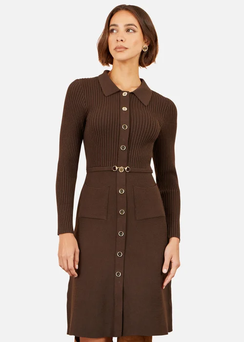 Yumi Brown Rib Knit Midi Shirt Dress With Snaffle Belt - L Image 1
