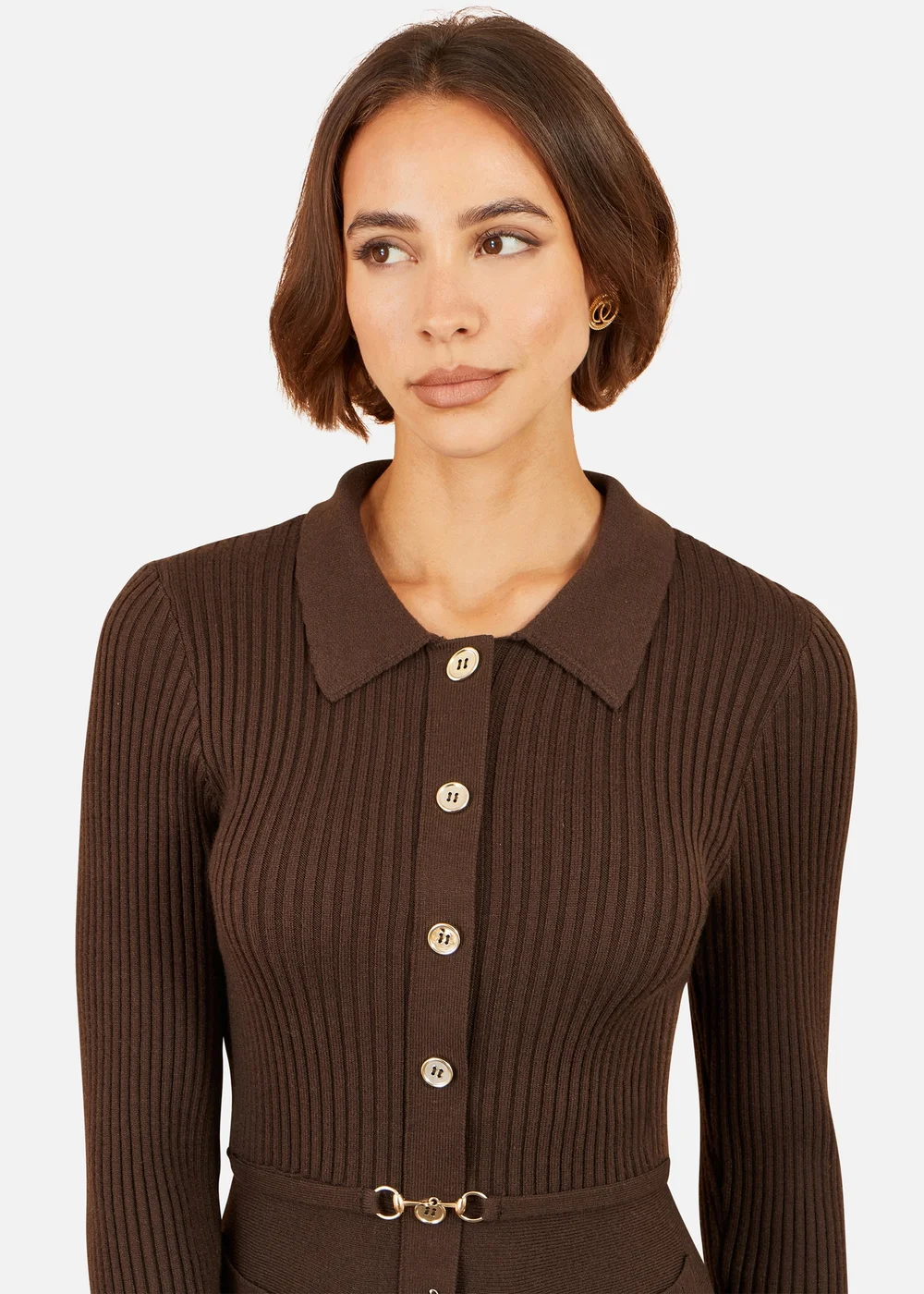Yumi Brown Rib Knit Midi Shirt Dress With Snaffle Belt - L Image 4