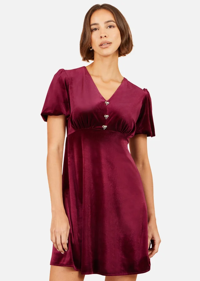 Yumi Burgundy Velvet Skater Dress With Diamante Bow