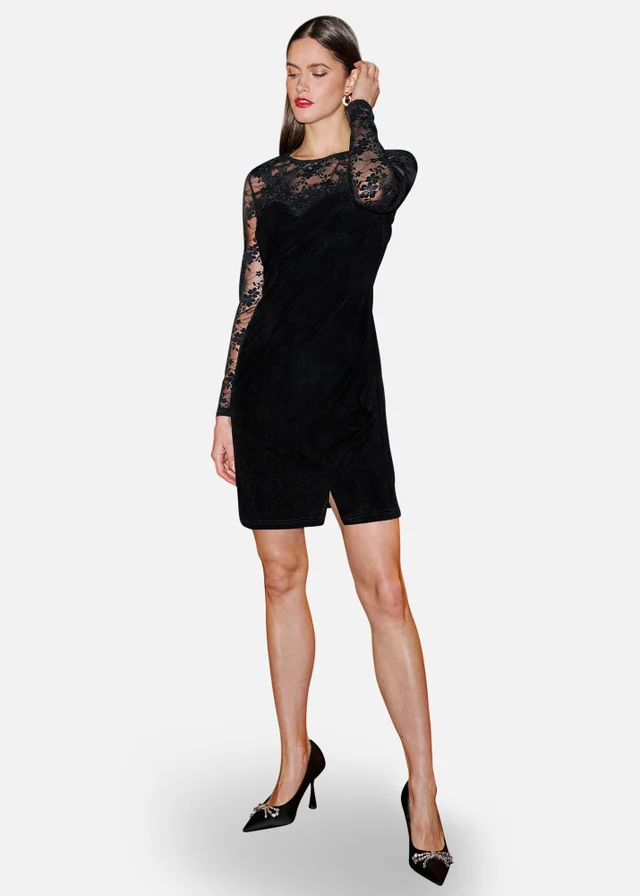 Yumi Black Lace Sleeve Velvet Fitted Mini Dress