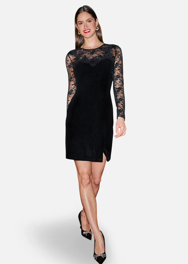Yumi Black Lace Sleeve Velvet Fitted Mini Dress