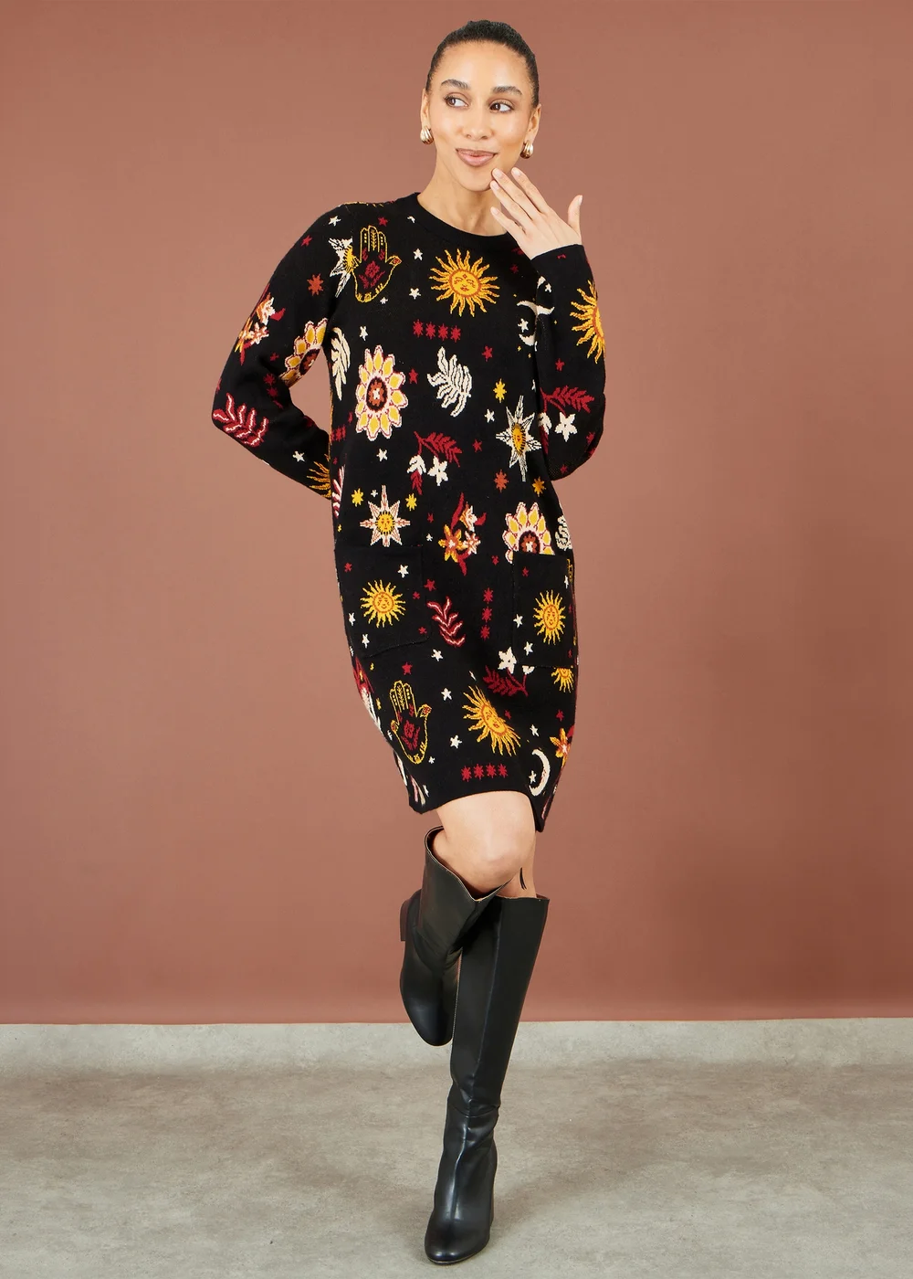 Yumi Black Cosmic Intarsia Knitted Tunic Dress - S Image 2