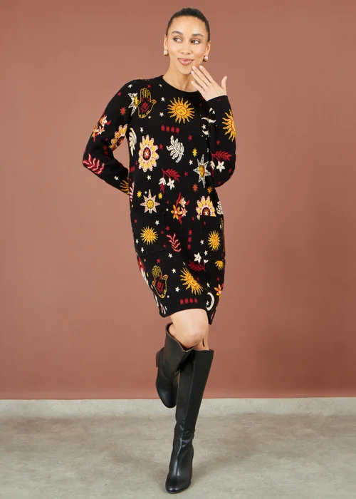 Yumi Black Cosmic Intarsia Knitted Tunic Dress - S Image 2