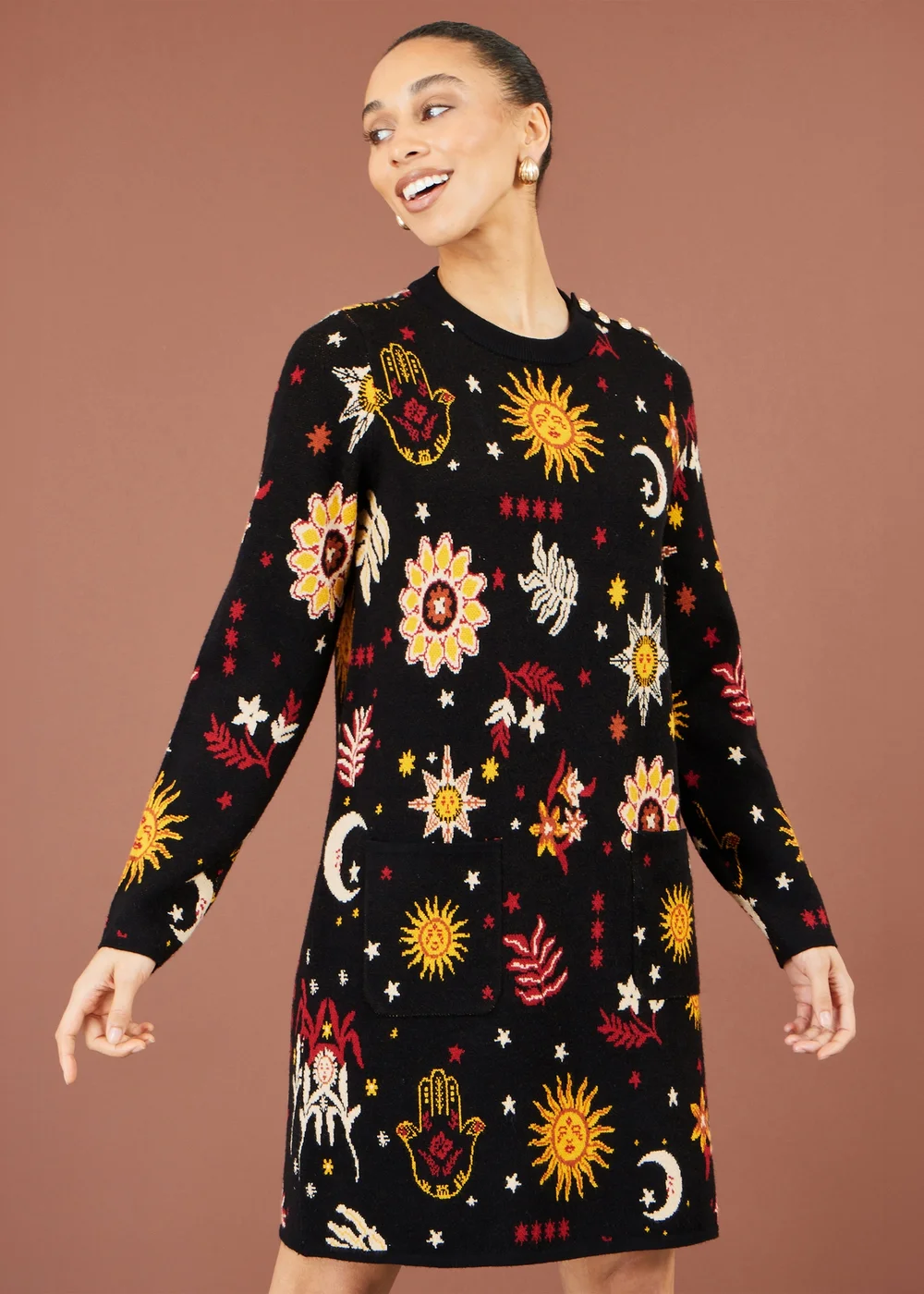 Yumi Black Cosmic Intarsia Knitted Tunic Dress - S Image 1