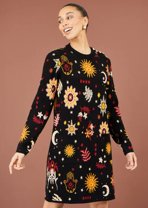 Yumi Black Cosmic Intarsia Knitted Tunic Dress - S Image 1