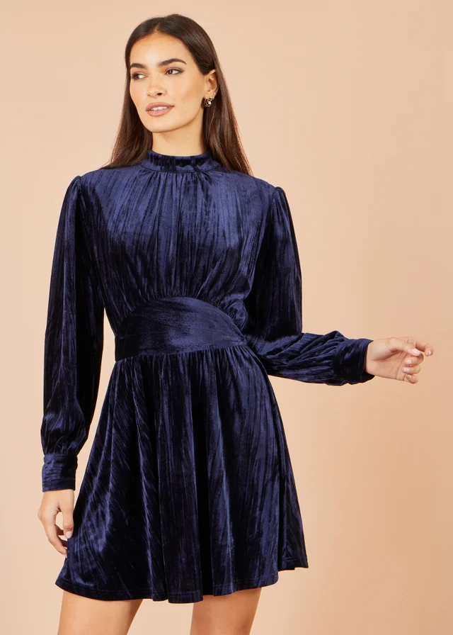 Yumi Navy Ruched Waist Velvet Skater Dress