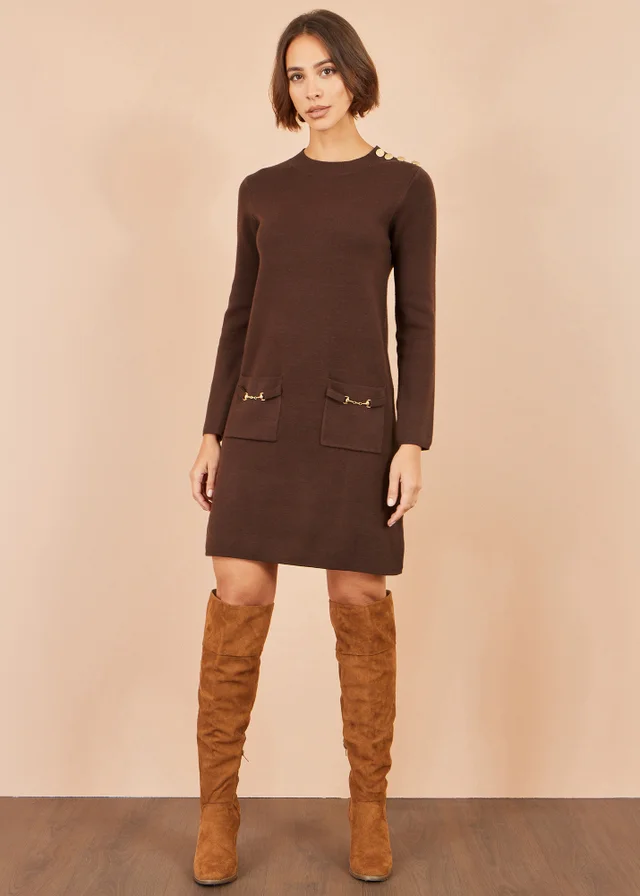 Yumi Brown Knitted Tunic With Patch Pockets