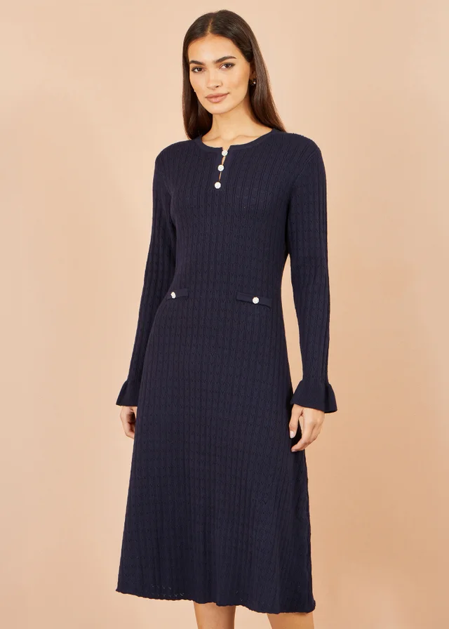 Yumi Navy Viscose Knitted Midi Dress With Buttons