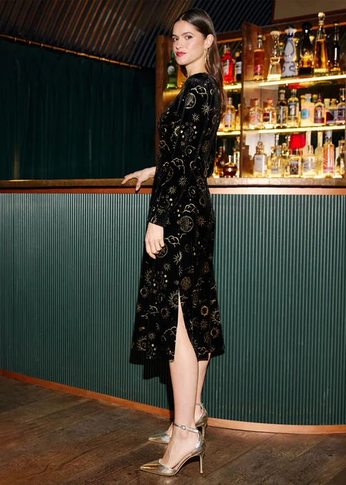 Yumi Black Cosmic Foil Print Midi Dress - 12 Image 3