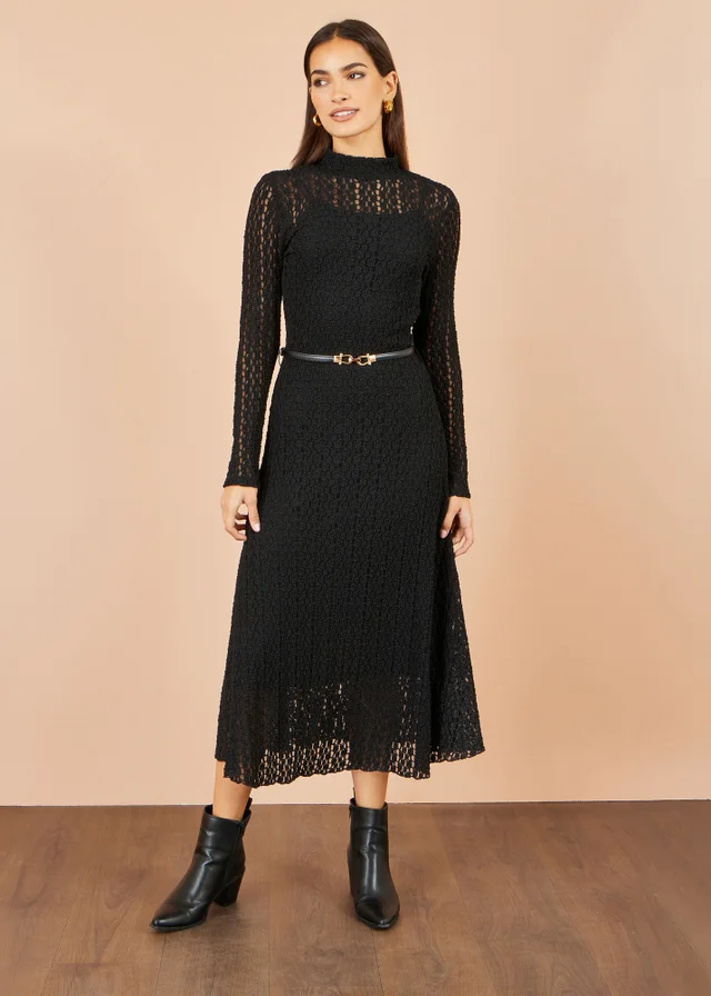 Yumi Black High Neck Lace Midi Dress