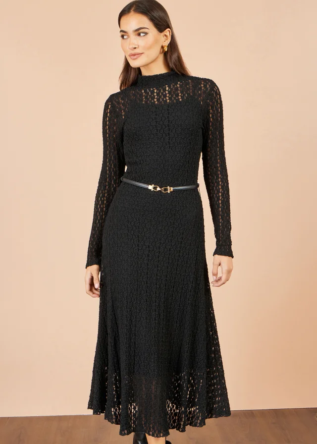Yumi Black High Neck Lace Midi Dress