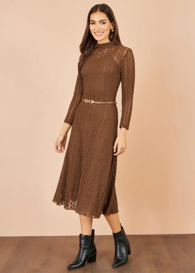 Yumi Brown High Neck Lace Midi Dress