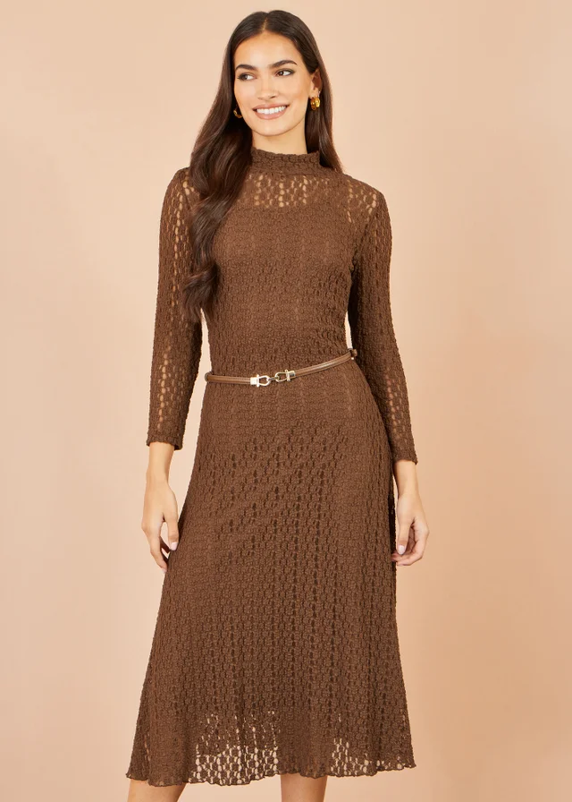 Yumi Brown High Neck Lace Midi Dress