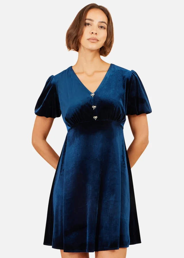Yumi Navy Velvet Skater Dress With Diamante Bow