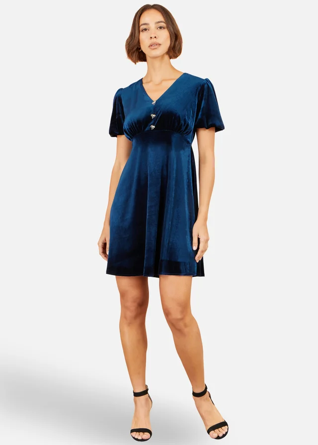 Yumi Navy Velvet Skater Dress With Diamante Bow