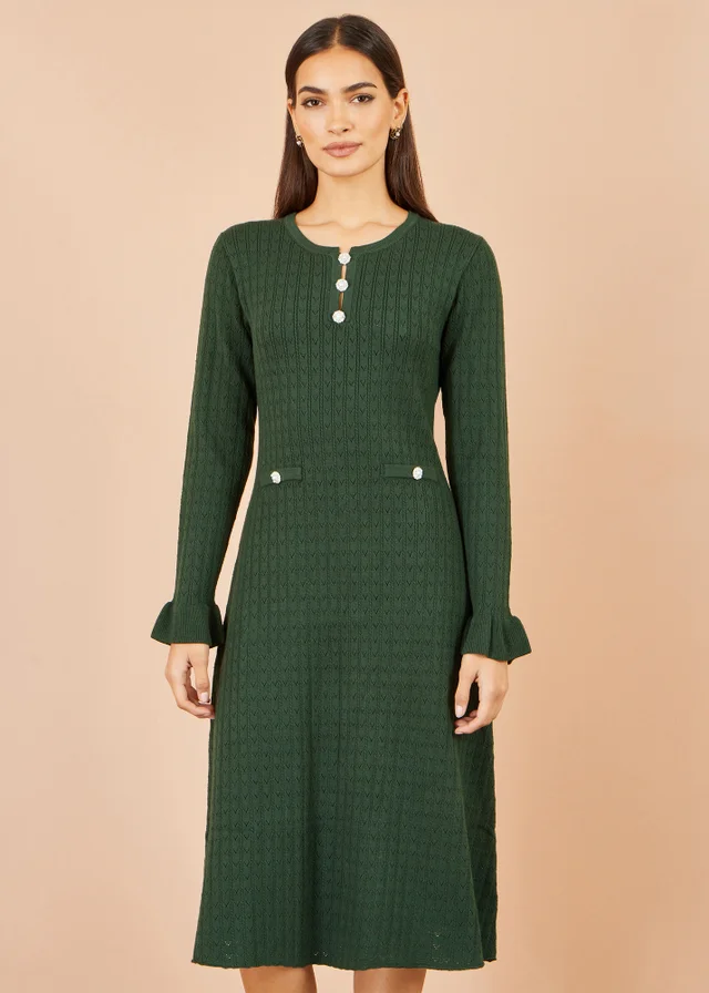Yumi Green Viscose Knitted Midi Dress With Buttons