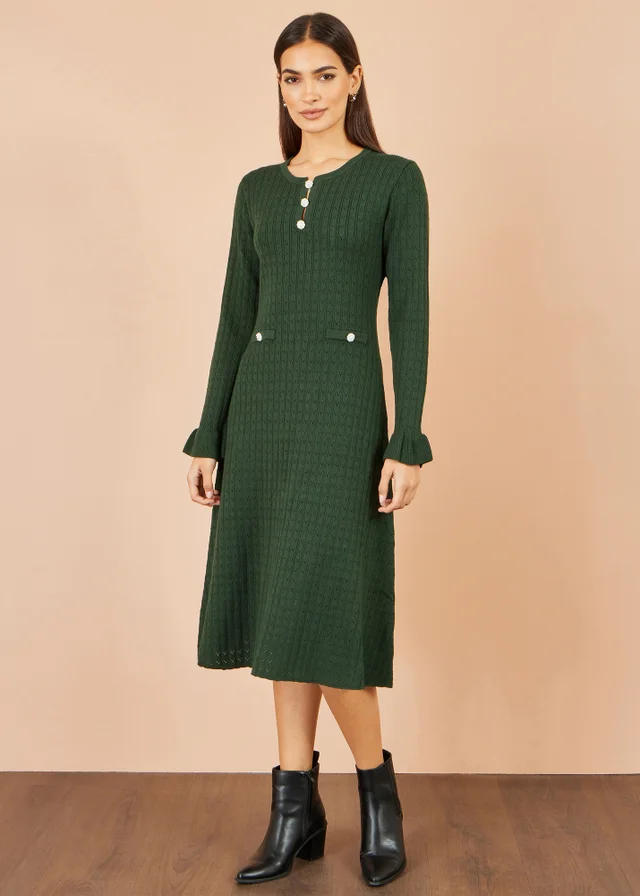 Yumi Green Viscose Knitted Midi Dress With Buttons