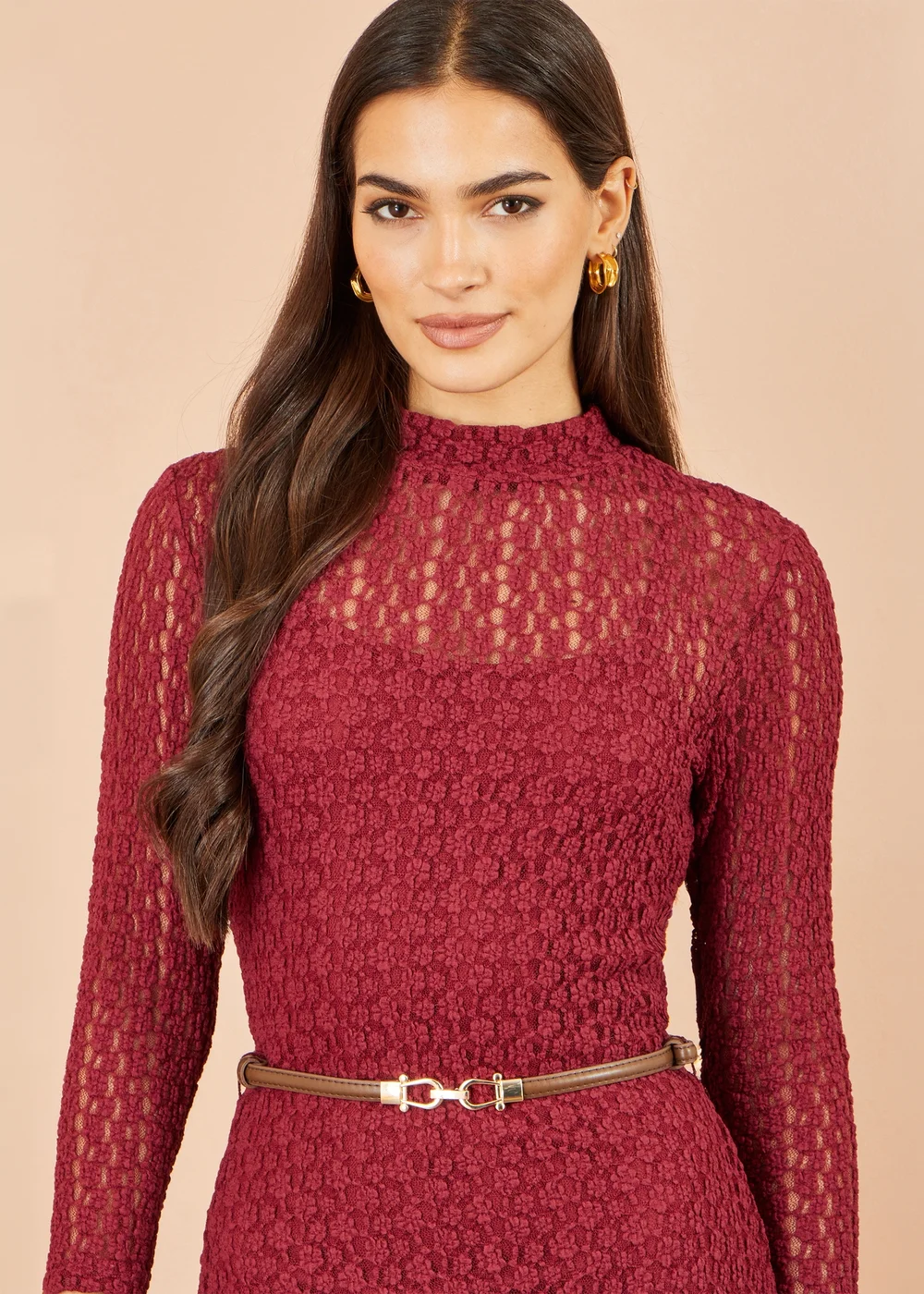 Yumi Burgundy High Neck Lace Midi Dress - 16 Image 3