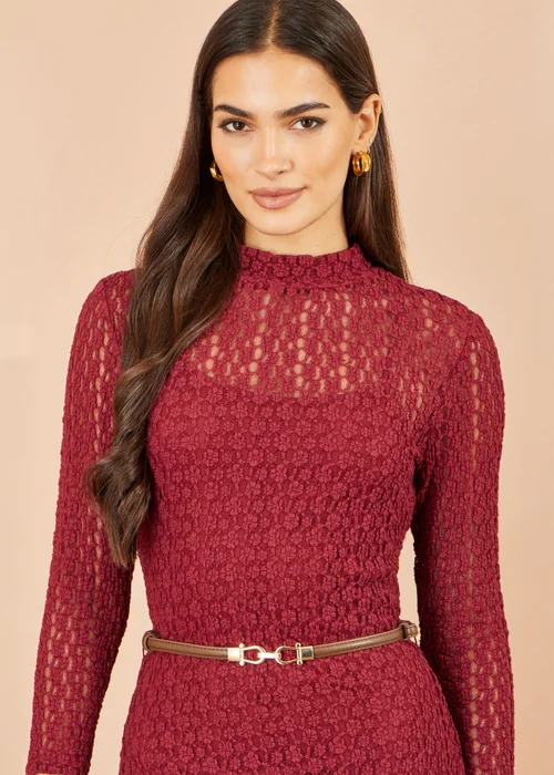 Yumi Burgundy High Neck Lace Midi Dress - 16 Image 3