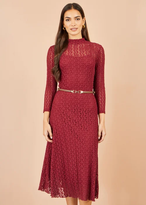 Yumi Burgundy High Neck Lace Midi Dress - 16 Image 1