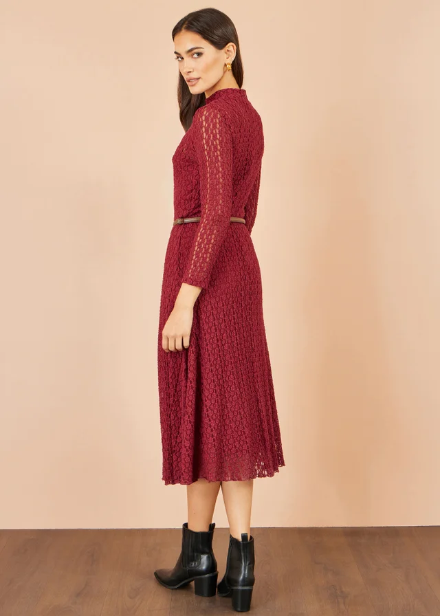 Yumi Burgundy High Neck Lace Midi Dress