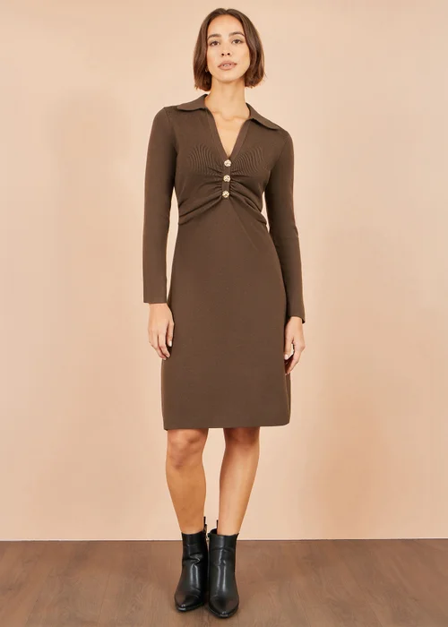 Yumi Brown Knitted Ruched Collar Dress - S Image 2
