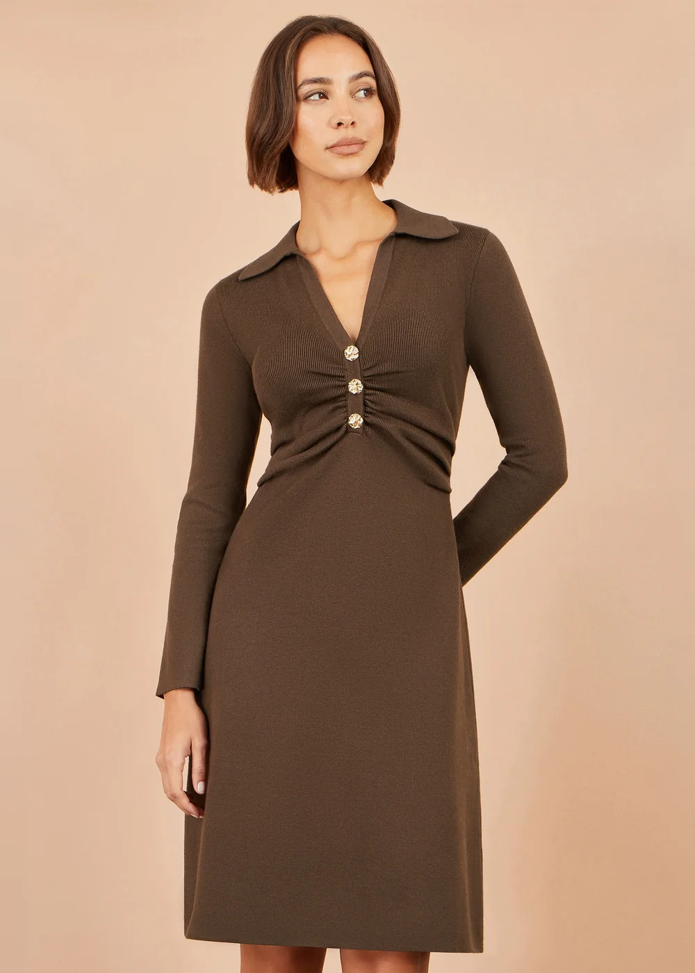 Yumi Brown Knitted Ruched Collar Dress - S Image 1
