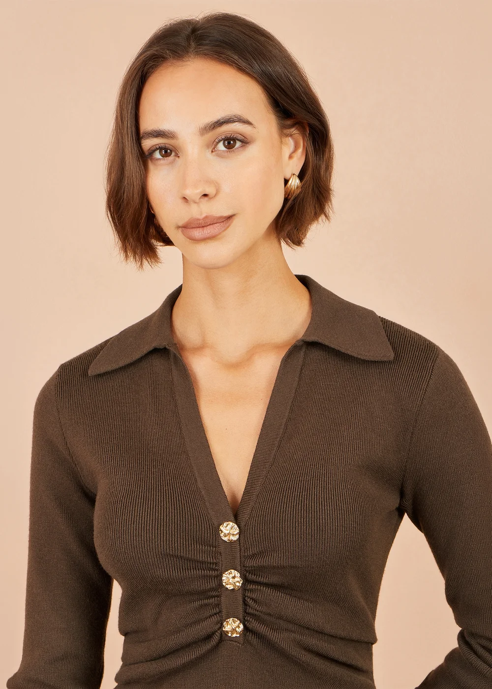 Yumi Brown Knitted Ruched Collar Dress - S Image 4