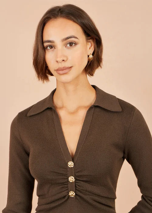 Yumi Brown Knitted Ruched Collar Dress - S Image 4