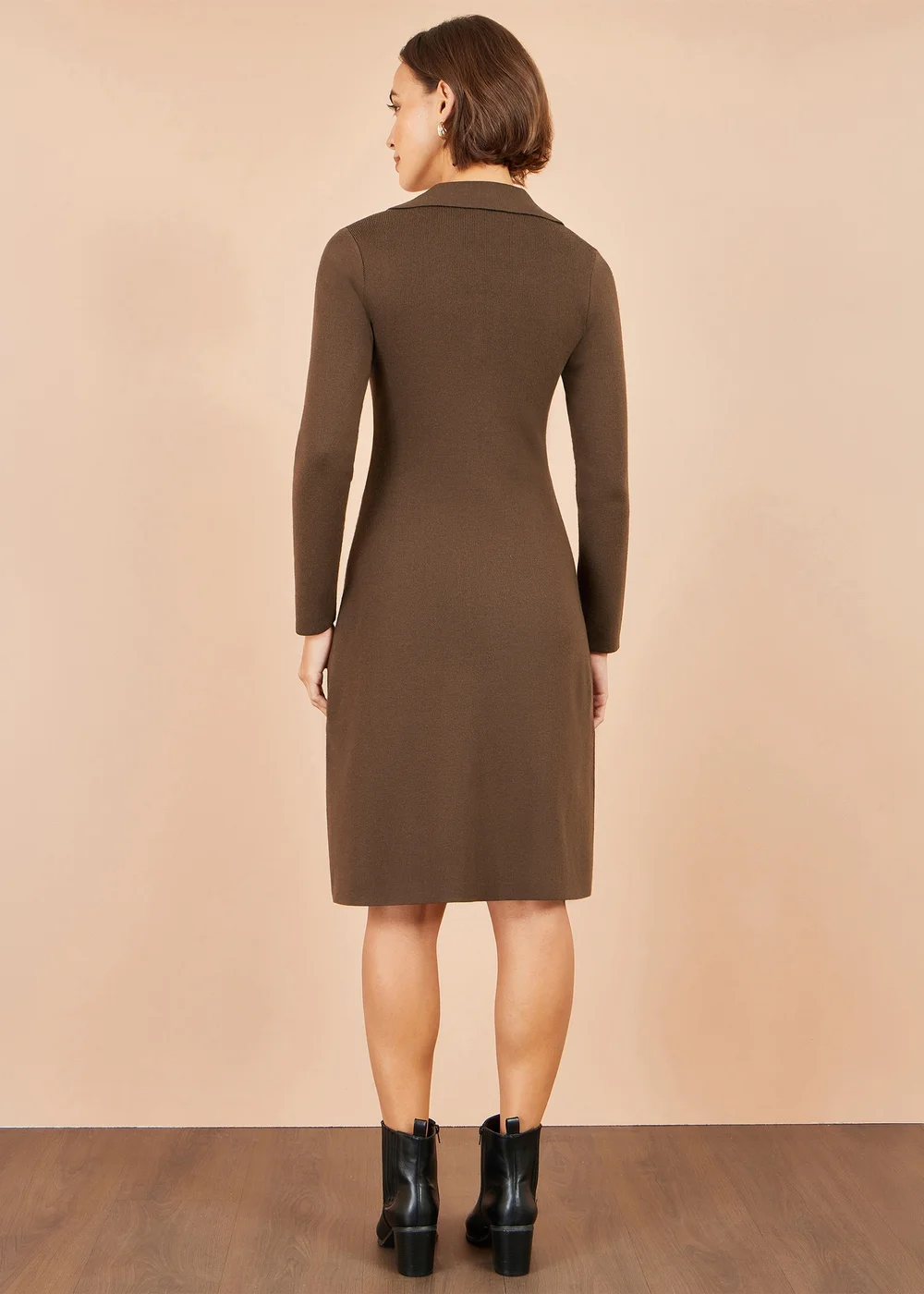 Yumi Brown Knitted Ruched Collar Dress - S Image 3