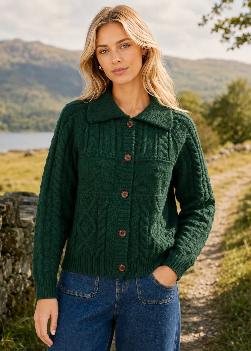 Yumi Green Cable Knit Boxy Jacket - S Image 1