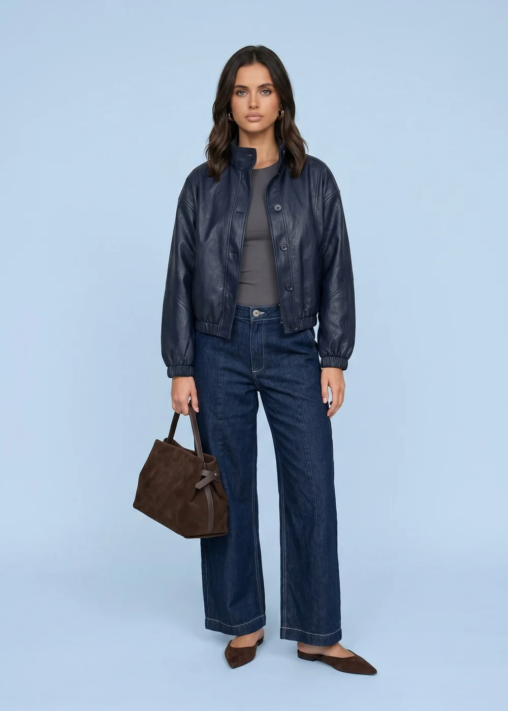 Urban Bliss Navy PU Oversized Jacket - 16 Image 2