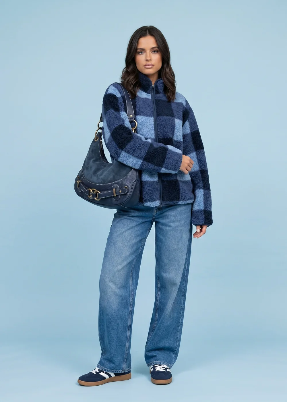 Urban Bliss Navy Check Fleece Jacket - 16 Image 1