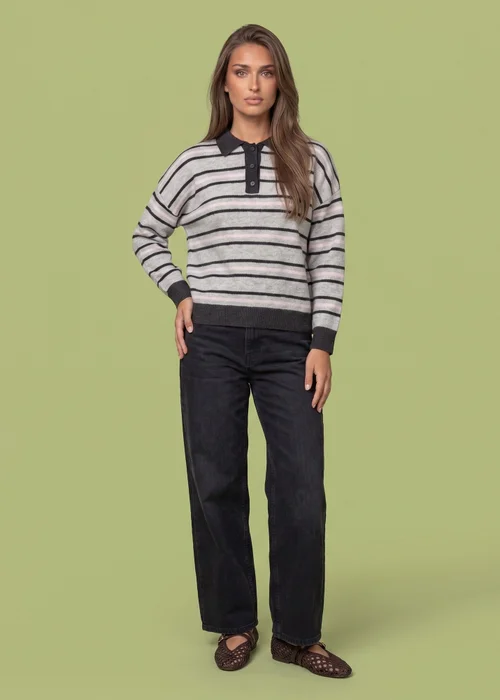 Urban Bliss Grey Wool Blend Stripe Contrast Rugby Jumper - L Image 1