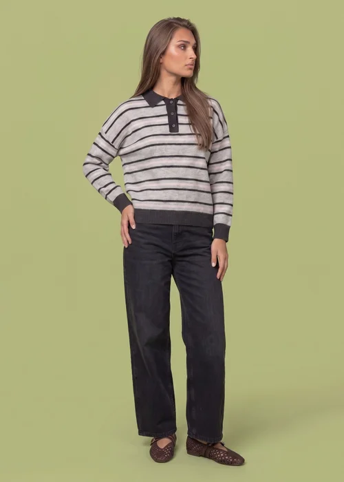 Urban Bliss Grey Wool Blend Stripe Contrast Rugby Jumper - L Image 2