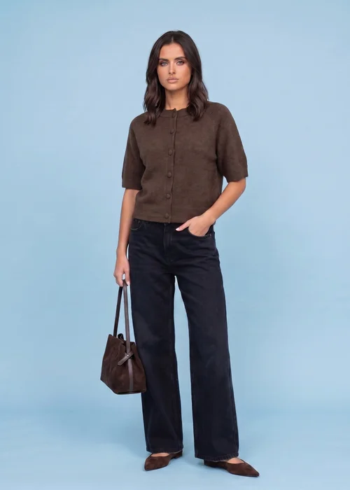 Urban Bliss Chocolate Wool Blend Short Sleeved Cardigan - L Image 1