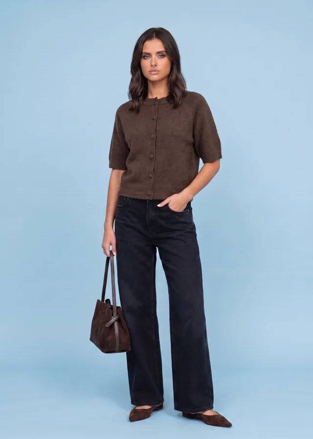 Urban Bliss Chocolate Wool Blend Short Sleeved Cardigan