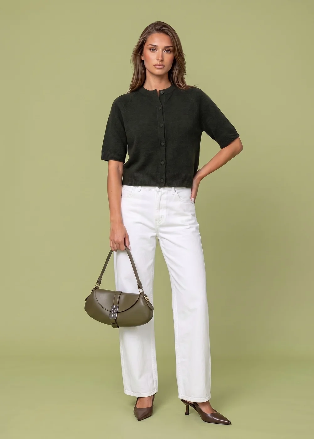 Urban Bliss Khaki Wool Blend Short Sleeved Cardigan - L Image 1